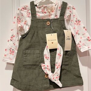 Floral Top and Olive Corduroy Dress Set